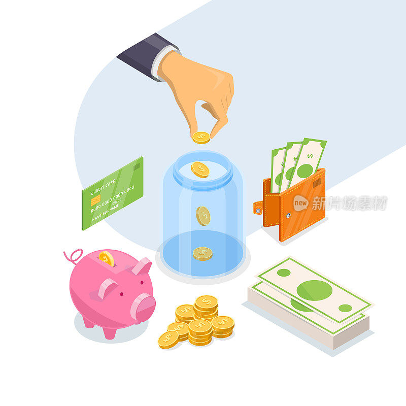 Money savings and bank deposit business concept. Vector 3d isometric illustration isolated on white background